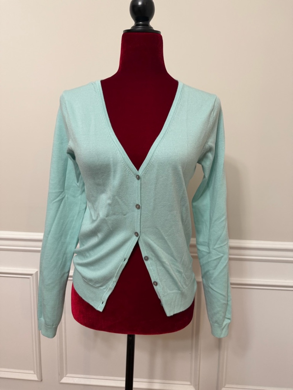 LINE Korea Teal Mint Green V-Neck‎ Button Up Knit Cardigan Sweater Size S